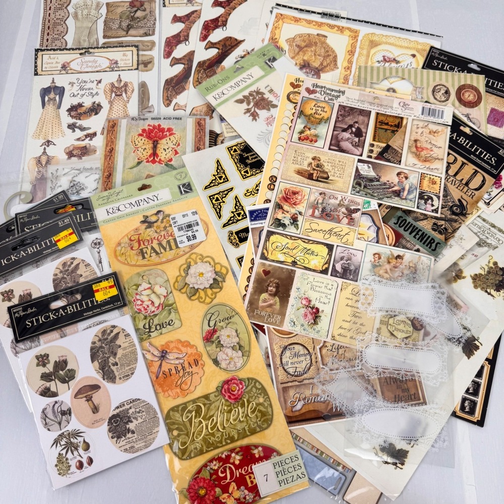Mixed Scrapbooking Sticker Lot Vintage Victorian Botanical Junk Journal Supplies